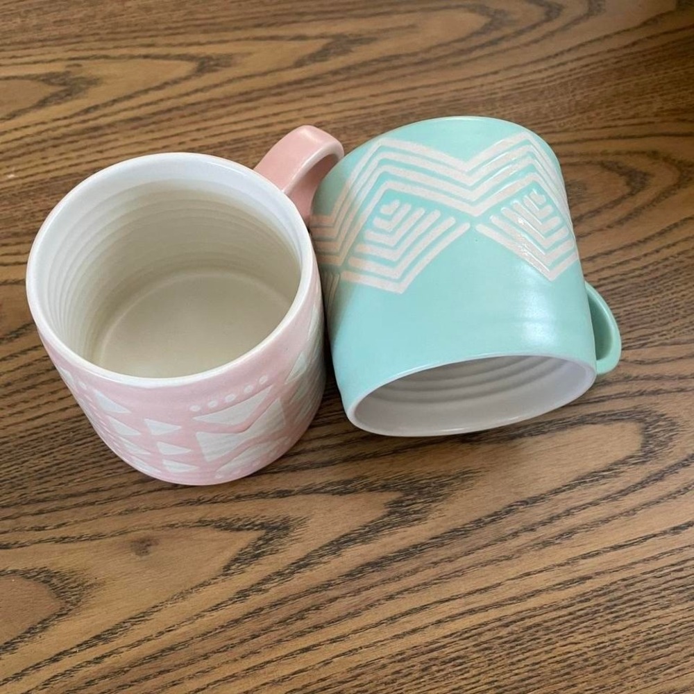 Danica Studio Imprint Ceramic Mug Set Pink Mint Green Geometric Boho 2pc